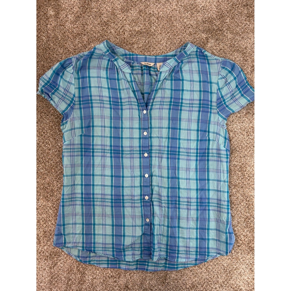 LL Bean Womens Blue Plaid Cotton Short Sleeve Button Up Top Blouse M
